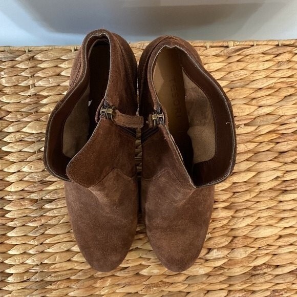Tesori Karissa Suede Ankle Bootie Cognac Brown Split Front Shaft Stack Heel - Picture 3 of 10